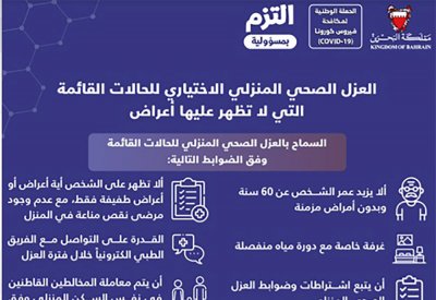 "الفريق الوطني" يقرر: العزل الصحي المنزلي الاختياري للحالات القائمة التي لا تظهر عليها اعراض 