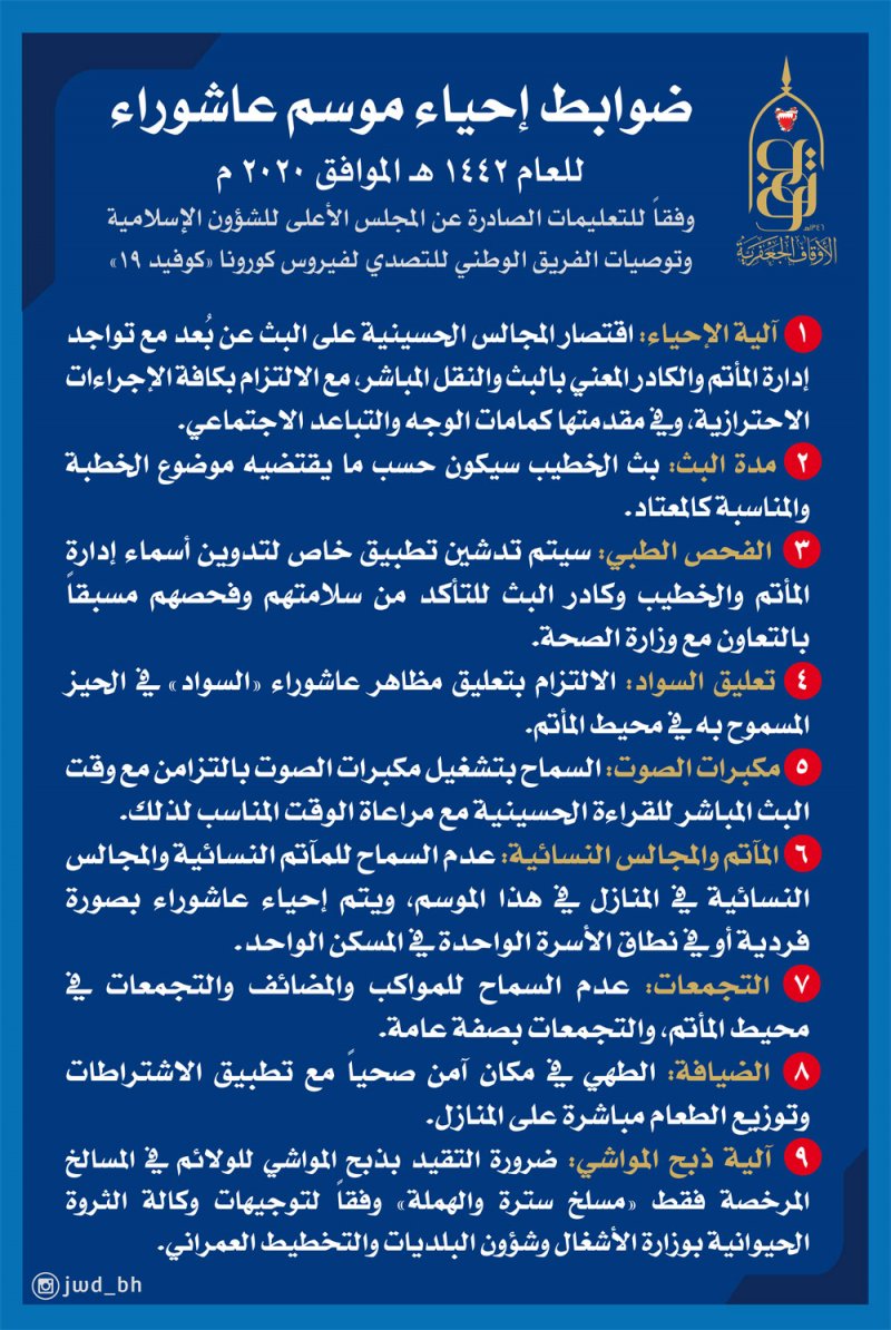 الأوقاف الجعفرية تحدد 9 ضوابط لإحياء موسم عاشوراء لعام 1442 هـ