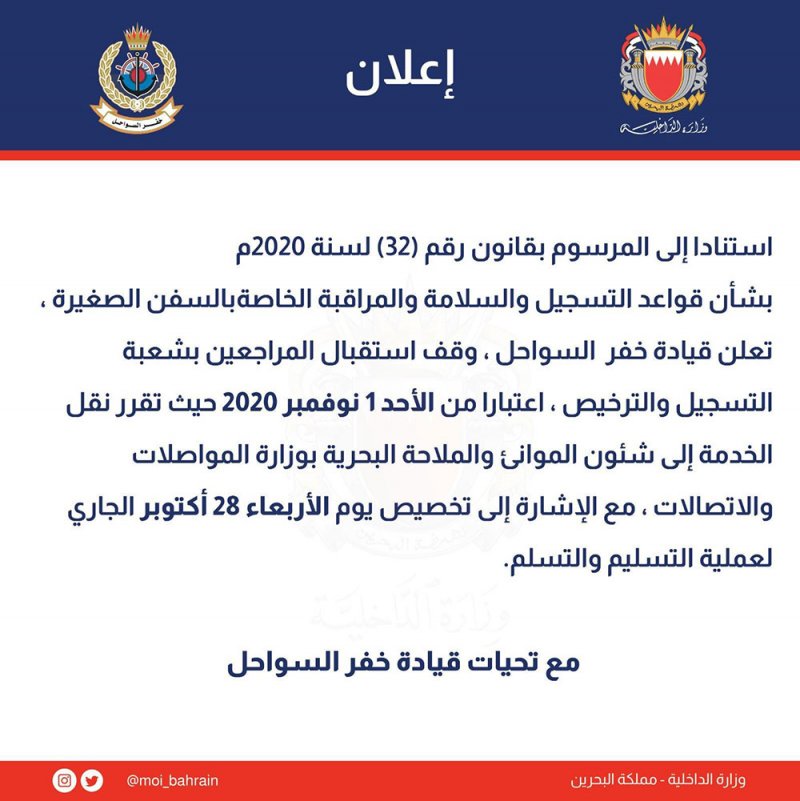 خفر السواحل: وقف استقبال المراجعين للتسجيل ونقل الخدمة إلى شئون الموانئ