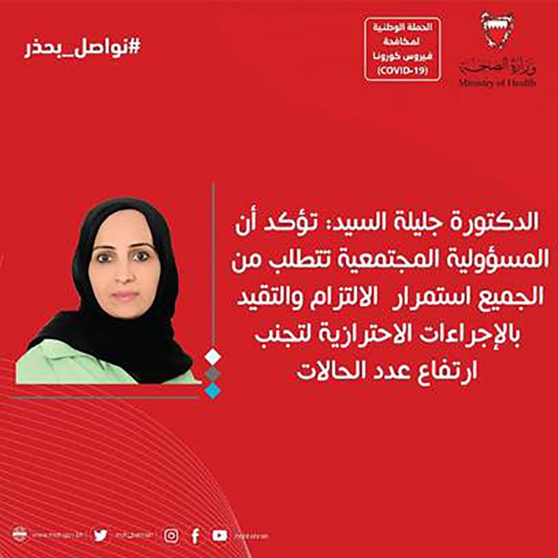 الدكتورة جليلة السيد تؤكد أن المسؤولية المجتمعية تتطلب من الجميع استمرار الالتزام بالإحترازات