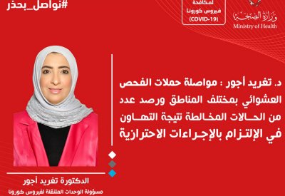 د. تغريد أجور: رصد عدد من الحالات المخالطة نتيجة التهاون في الالتزام بالإجراءات الاحترازية
