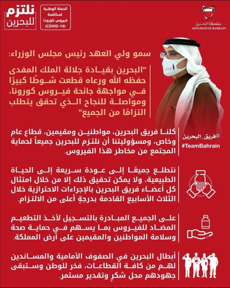 سمو ولي العهد رئيس الوزراء: لا يمكن تحقيق العودة السريعة للحياة الطبيعية إلا بامتثال فريق البحرين بالإجراءات الاحترازية خلال الأسابيع الثلاثة المقبلة