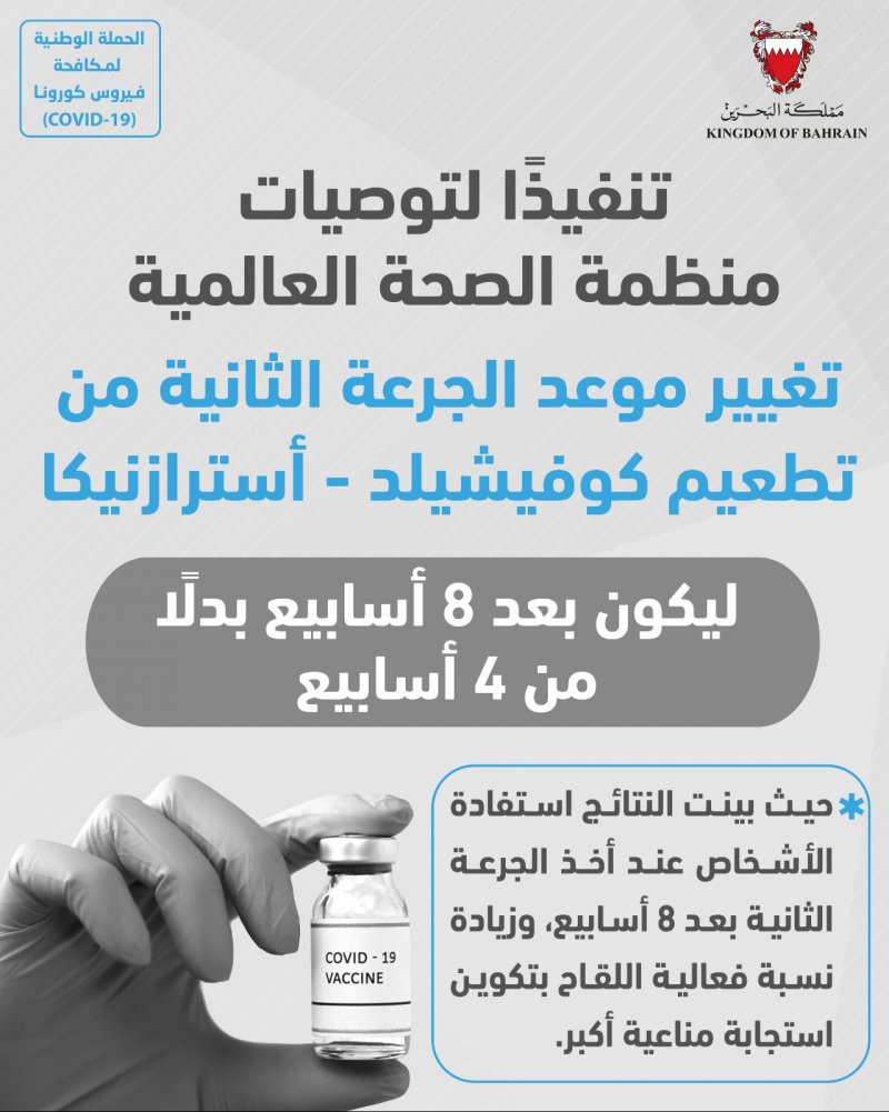 وزارة الصحة تعلن تغيير موعد الجرعة الثانية من تطعيم "كوفيشيلد - أسترازينكا"