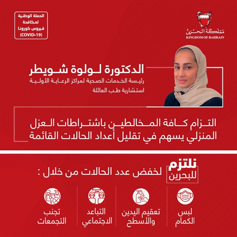 د.لولوة شويطر: التزام كافة المخالطين باشتراطات العزل المنزلي يسهم في تقليل أعداد الحالات القائمة