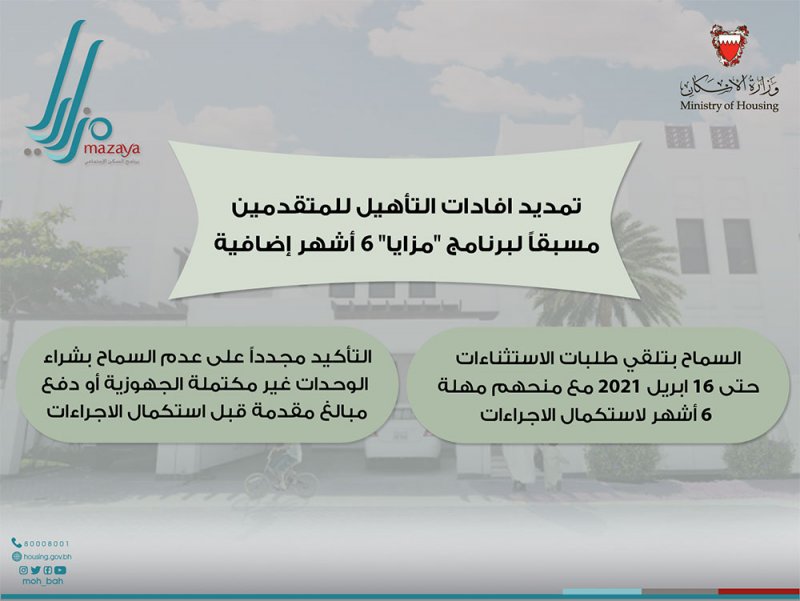 تمديد افادات التأهيل للمتقدمين مسبقاً لبرنامج "مزايا" 6 أشهر إضافية