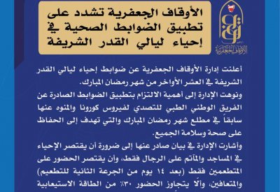 الأوقاف الجعفرية تشدد على تطبيق الضوابط الصحية في إحياء ليالي القدر الشريفة