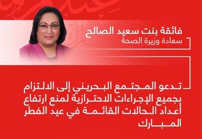 وزيرة الصحة تدعو المجتمع البحريني إلى الالتزام بجميع الإجراءات الاحترازية لمنع ارتفاع أعداد الحالات القائمة في عيد الفطر المبارك