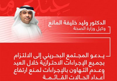 المانع: يدعو المجتمع البحريني إلى الالتزام بجميع الإجراءات الاحترازية خلال العيد وعدم التهاون بالإجراءات لمنع ارتفاع أعداد الحالات القائمة
