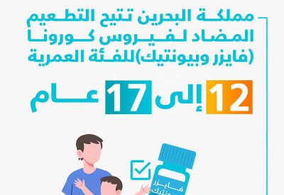 البحرين تتيح التطعيم المضاد لفيروس كورونا للفئة العمرية من 12 إلى 17 عامًا وجرعة منشطة لمن هم فوق الخمسين عاماً
