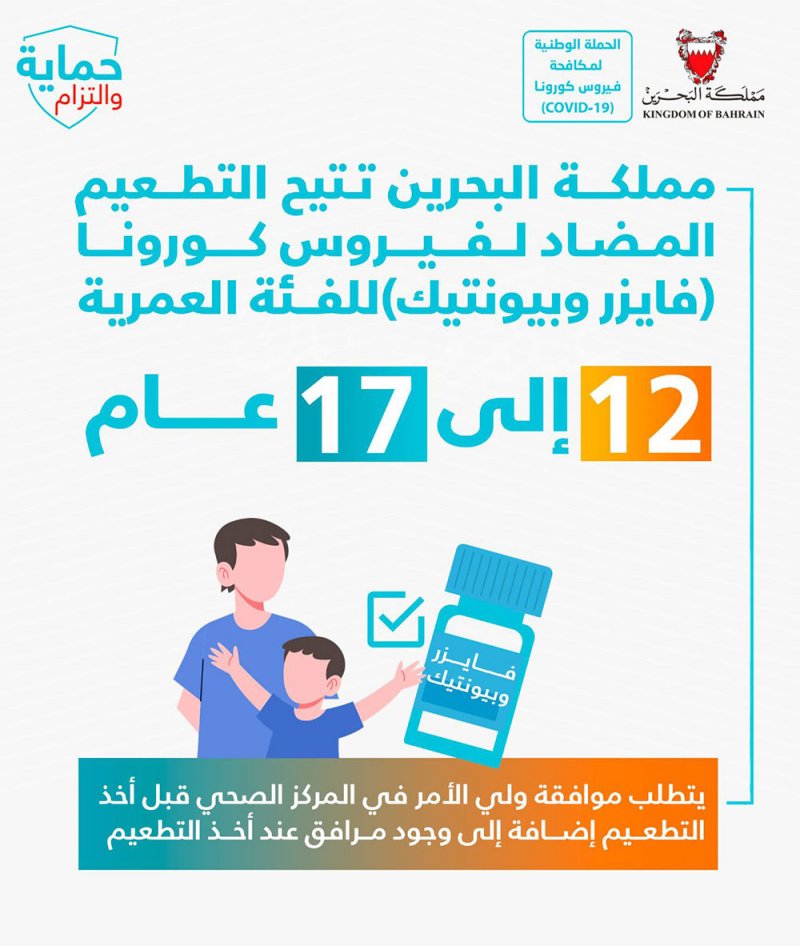 البحرين تتيح التطعيم المضاد لفيروس كورونا للفئة العمرية من 12 إلى 17 عامًا وجرعة منشطة لمن هم فوق الخمسين عاماً