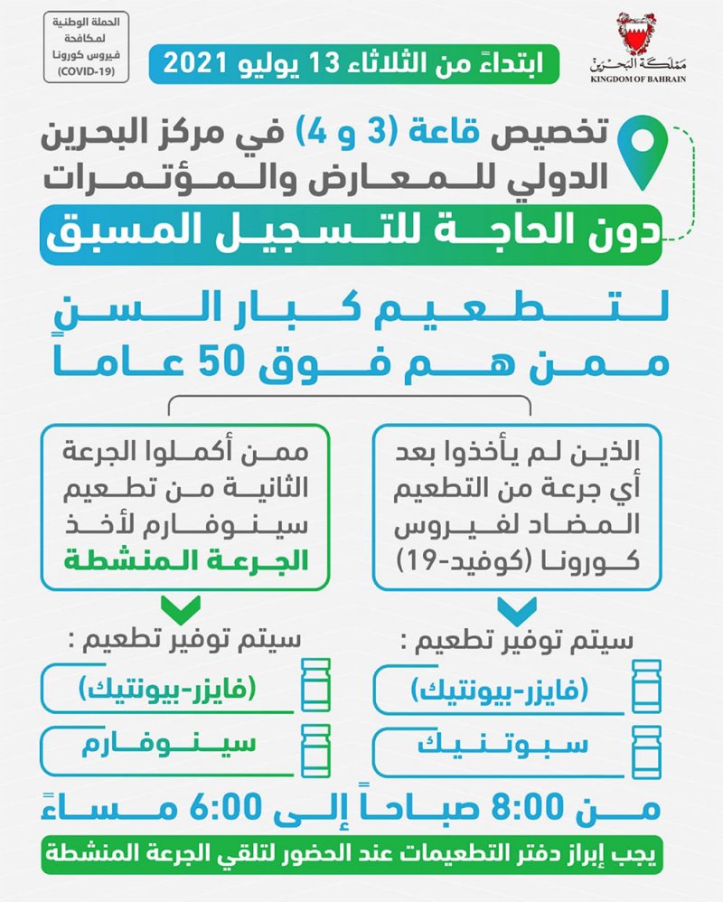 دون الحاجة للتسجيل المسبق .."الصحة": تخصيص قاعتين لتطعيم كبار السن في مركز البحرين الدولي للمعارض والمؤتمرات