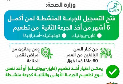 جرعة منشطة لمن أكمل 6 أشهر من أخذ تطعيم فايز أو كوفيشيلد من كبار السن