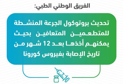 الفريق الطبي: تحديث بروتوكول الجرعة المنشطة للمتطعمين المتعافين بحيث يمكنهم أخذها بعد 12 شهر من تاريخ الإصابة بفيروس كورونا