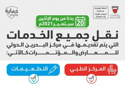 الصحة: إغلاق مركز البحرين للمعارض ونقل جميع خدماته الى مستشفى البحرين الدولي ومجمع سترة