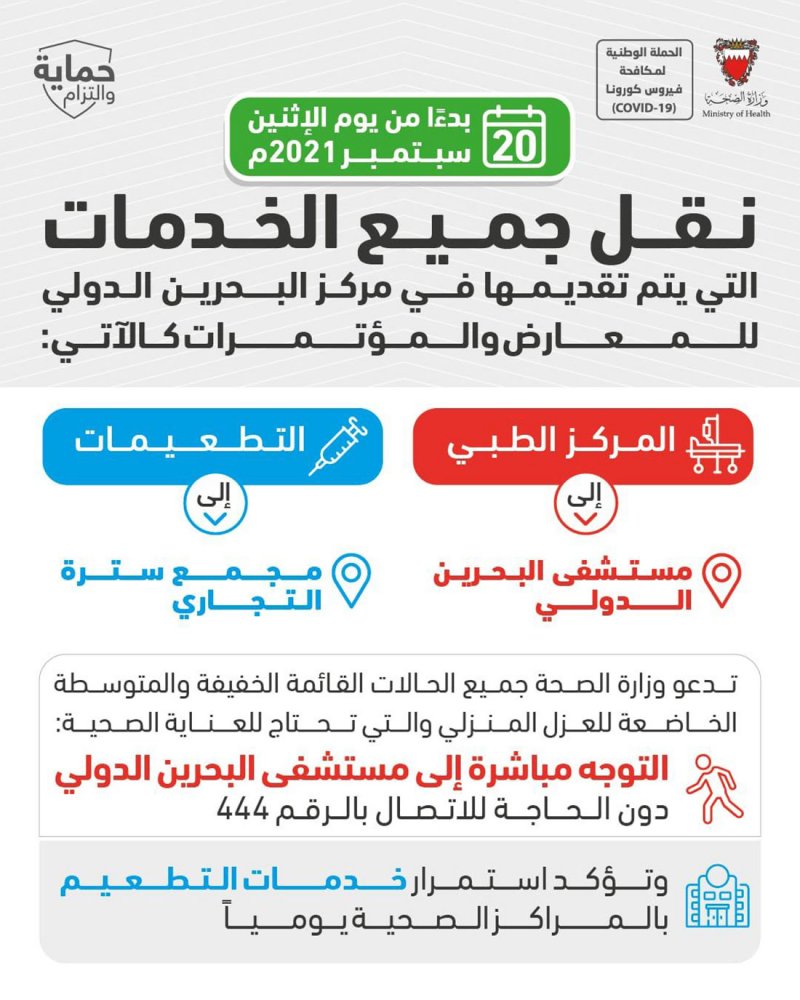 الصحة: إغلاق مركز البحرين للمعارض ونقل جميع خدماته الى مستشفى البحرين الدولي ومجمع سترة