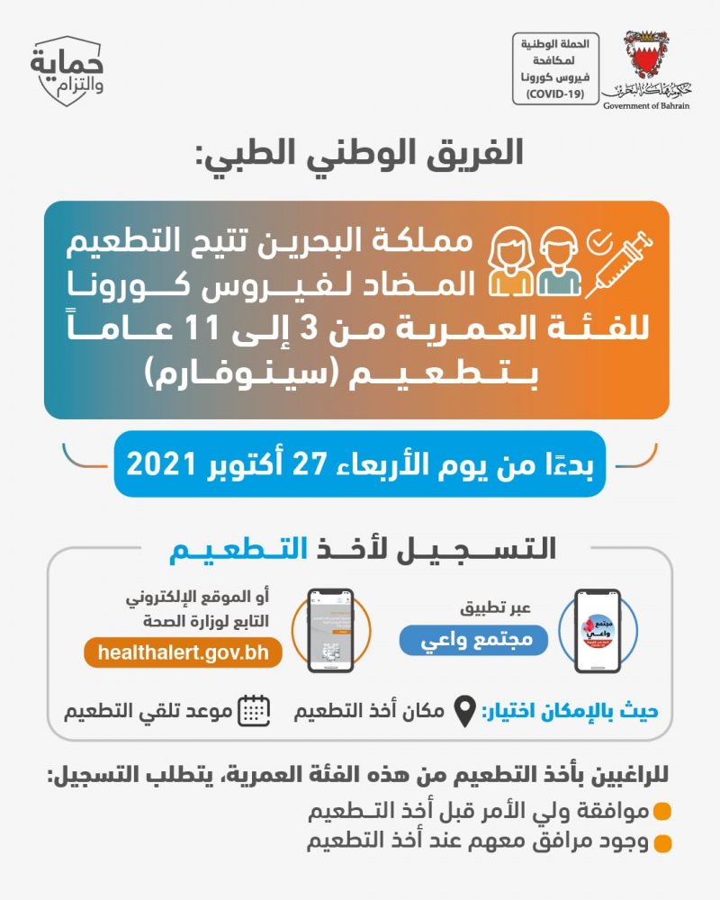 البحرين تتيح التطعيم المضاد لفيروس كورونا للفئة العمرية من 3 إلى 11 عاماً بتطعيم "سينوفارم"