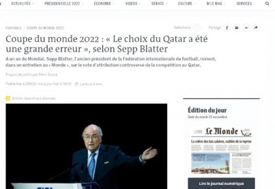 سيب بلاتر رئيس “فيفا” السابق: فوز قطر بتنظيم مونديال 2022 لم يكن عادلاً بل بتدخل فرنسي