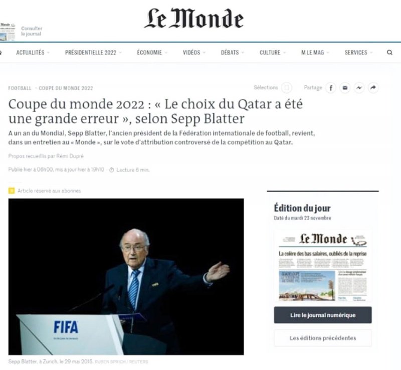 سيب بلاتر رئيس “فيفا” السابق: فوز قطر بتنظيم مونديال 2022 لم يكن عادلاً بل بتدخل فرنسي