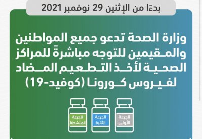 "الصحة" تدعو جميع المواطنين والمقيمين للتوجه مباشرةً للمراكز الصحية لأخذ التطعيم المضاد لفيروس كورونا دون الحاجة لأخذ موعد