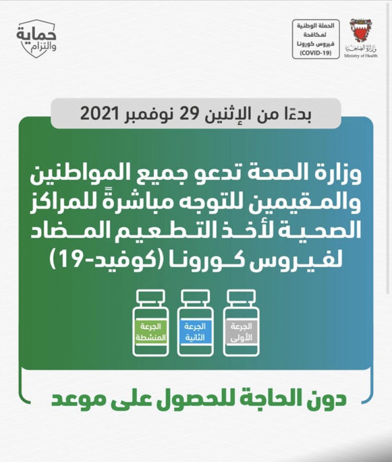 "الصحة" تدعو جميع المواطنين والمقيمين للتوجه مباشرةً للمراكز الصحية لأخذ التطعيم المضاد لفيروس كورونا دون الحاجة لأخذ موعد