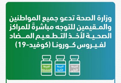 "الصحة" تدعو جميع المواطنين والمقيمين للتوجه مباشرةً للمراكز الصحية لأخذ التطعيم المضاد لفيروس كورونا (كوفيد-19) دون الحاجة للحصول على موعد