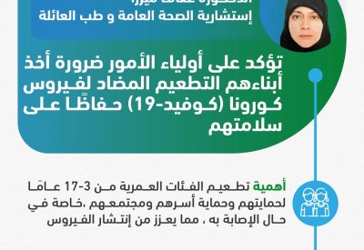 د. عفاف ميرزا تؤكد على أولياء الأمور ضرورة أخذ أبنائهم التطعيم المضاد لفيروس كورونا حفاظًا على سلامتهم