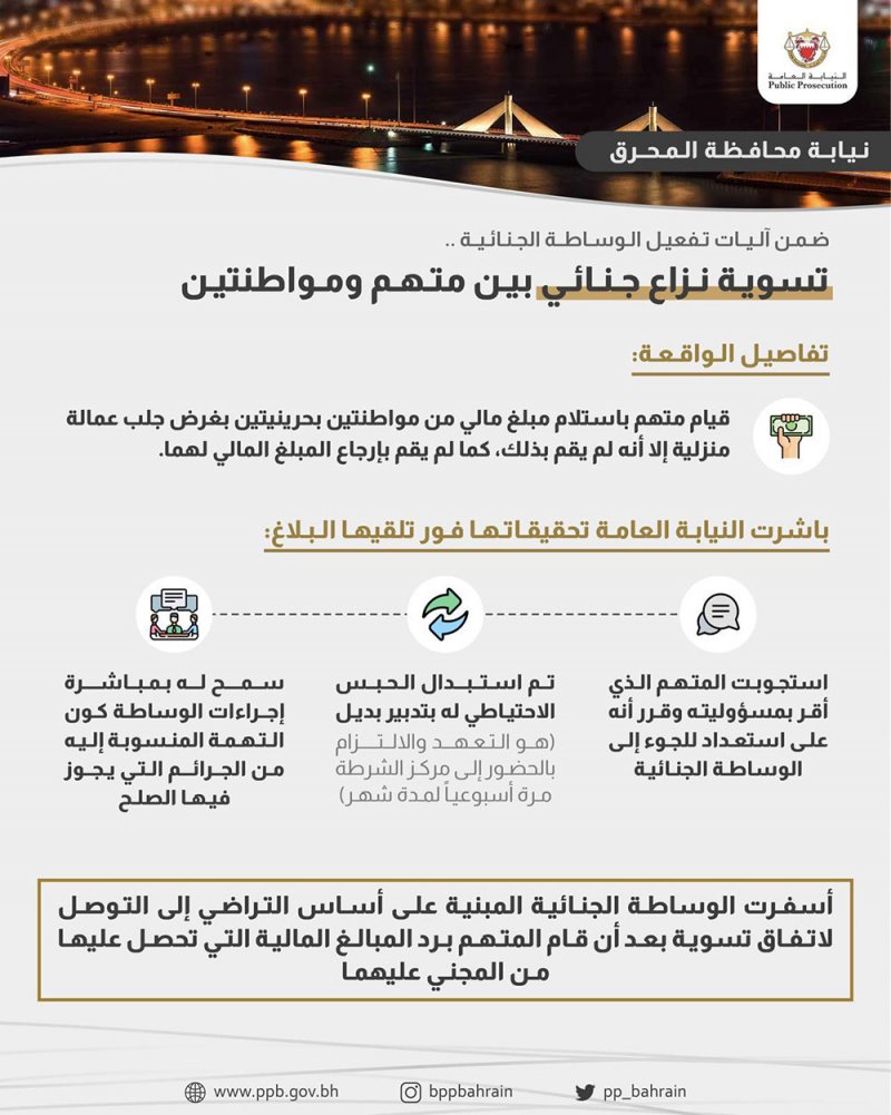 ضمن آليات تفعيل الوساطة الجنائية.. تسوية نزاع جنائي بين متهم ومواطنتين