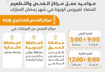 مواعيد عمل مراكز الفحص والتطعيم المضاد لــ "كورونا" خلال شهر رمضان