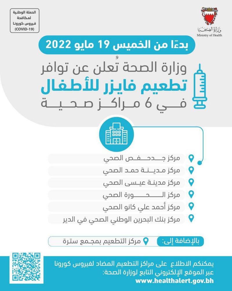 وزارة الصحة تُعلن عن توافر تطعيم فايزر للأطفال في 6 مراكز صحية