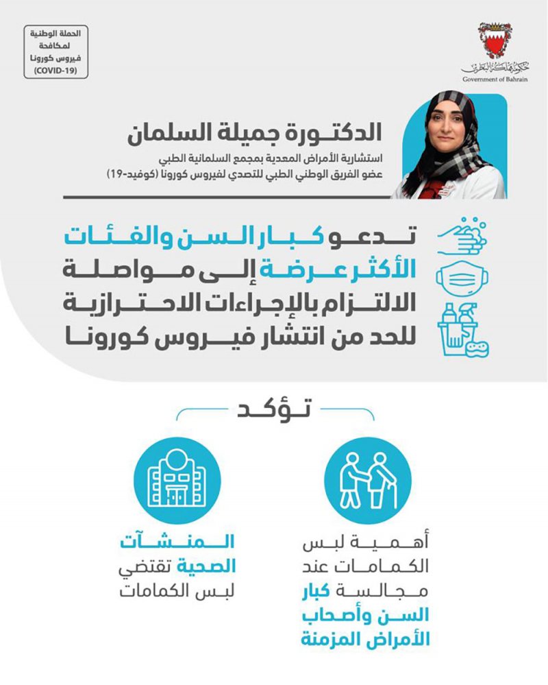 السلمان تدعو كبار السن والفئات الأكثر عرضة إلى  مواصلة الالتزام بالإجراءات الاحترازية للحد من انتشار فيروس كورونا