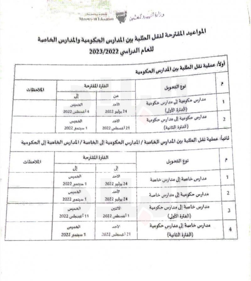 بالصورة: المواعيد المقترحة لنقل الطلبة بين المدارس