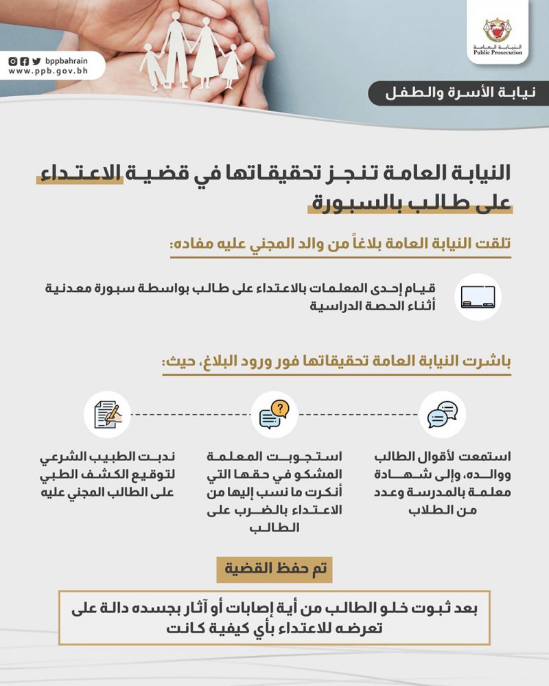 "النيابة" تنجز تحقيقاتها في قضية الاعتداء على طالب بالسبورة.. وهذا إجراؤها بالقضية
