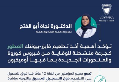أبو الفتح تؤكد أهمية أخذ تطعيم فايزر-بيونتك المطور كجرعة منشطة  للوقاية من فيروس كورونا والمتحورات الجديدة بما فيها أوميكرون