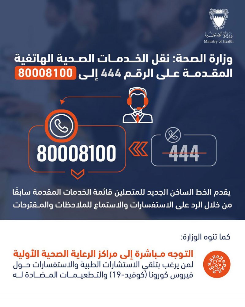 وزارة الصحة: نقل الخدمات الصحية الهاتفية المقدمة على الرقم 444 إلى 80008100