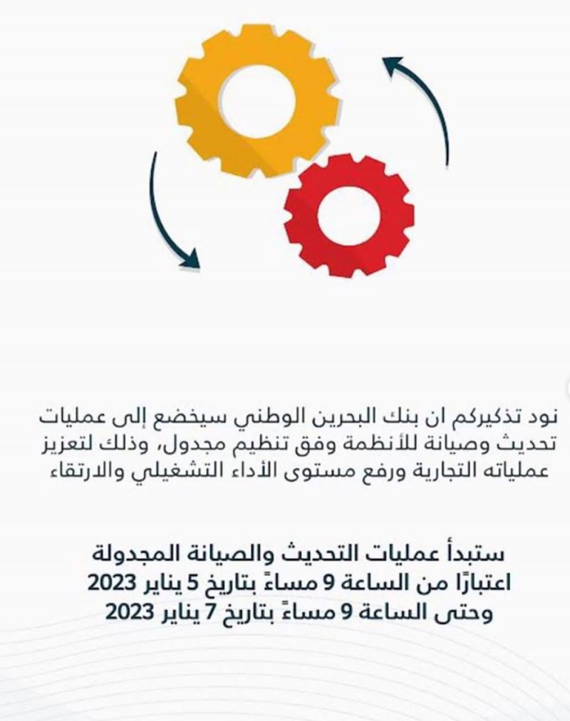 بنك البحرين الوطني سيخضع إلى عمليات تحديث وصيانة للأنظمة