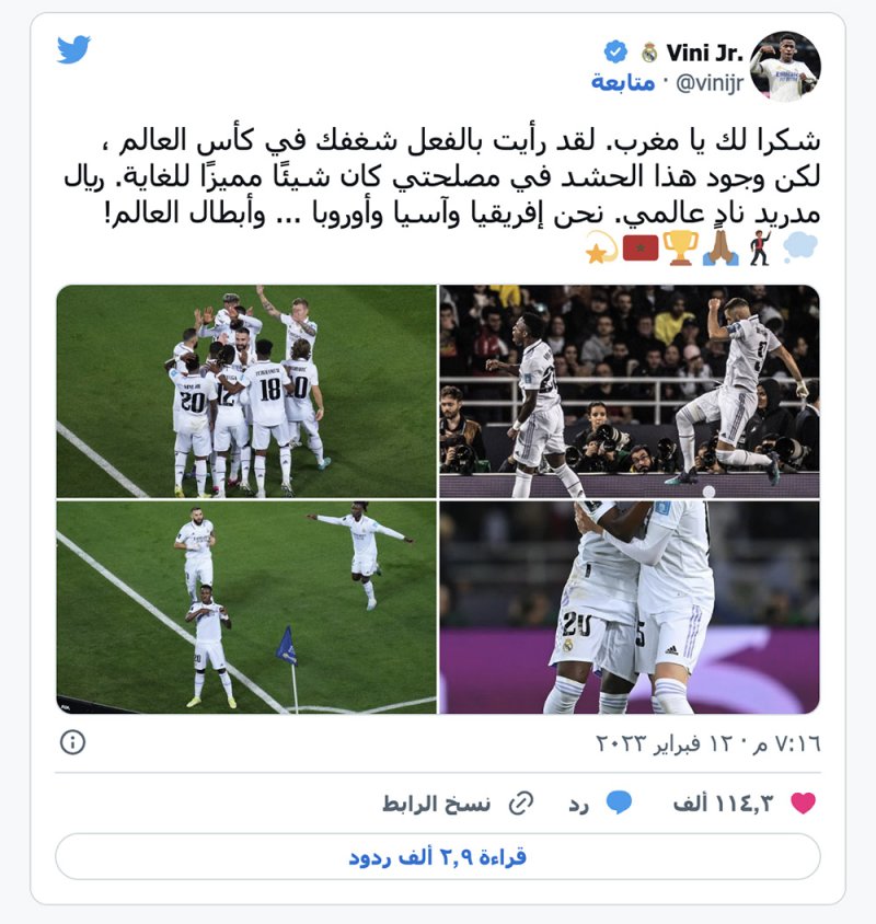 بعد فوزه بمونديال الأندية.. فينيسيوس جونيور يغرد بالعربية