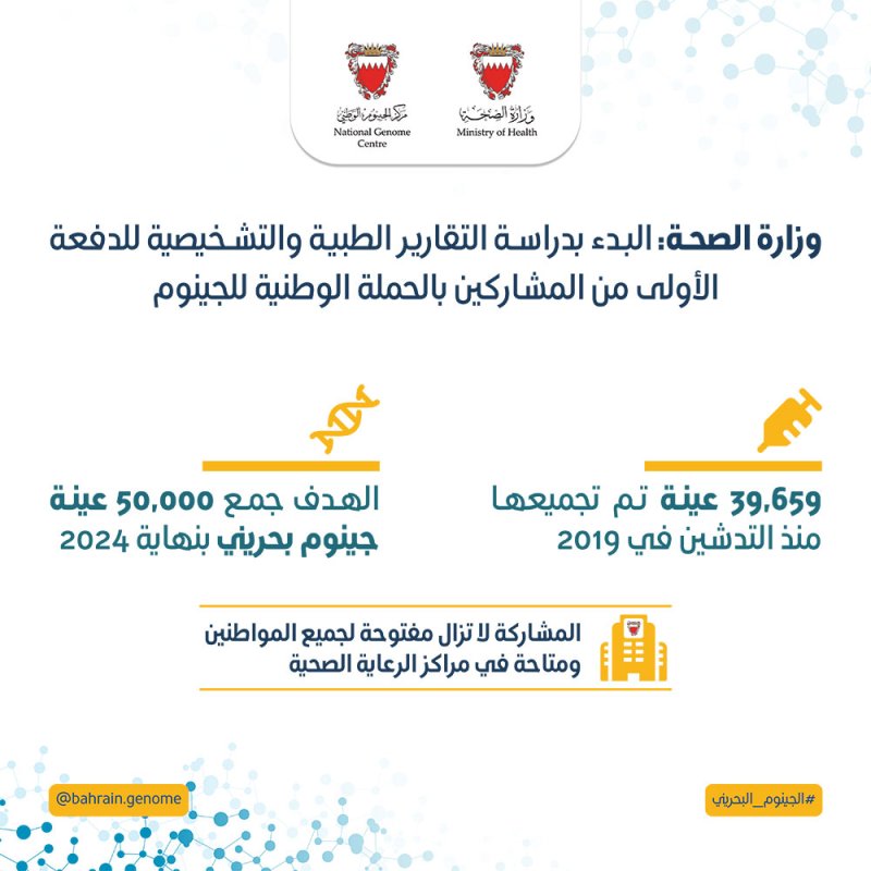 وزارة الصحة: البدء بدراسة التقارير الطبية والتشخيصية للدفعة الأولى من المشاركين بالحملة الوطنية للجينوم