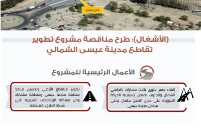 (الأشغال): طرح مناقصة مشروع تطوير تقاطع مدينة عيسى الشمالي