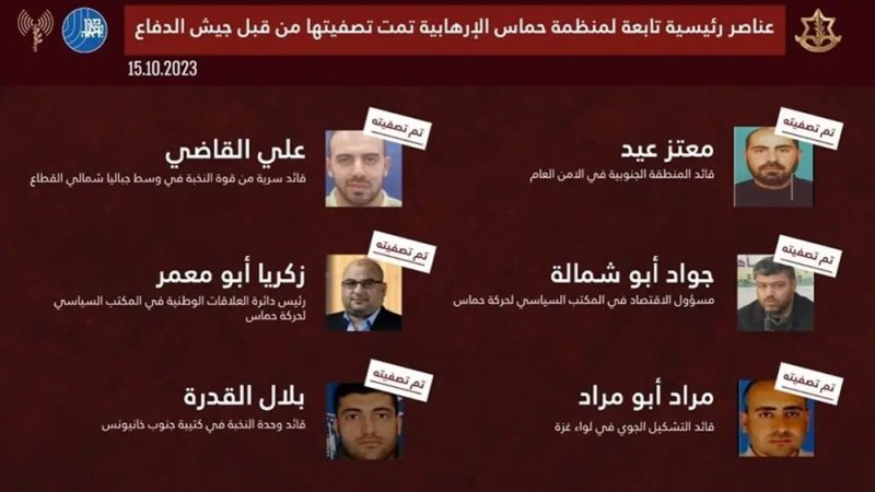 الجيش الإسرائيلي ينشر قائمة بـ6 قياديين في حماس تمت تصفيتهم