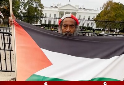 بالفيديو: دعمًا لفلسطين.. مشرد يتظاهر أمام البيت الأبيض منذ 42 عامًا