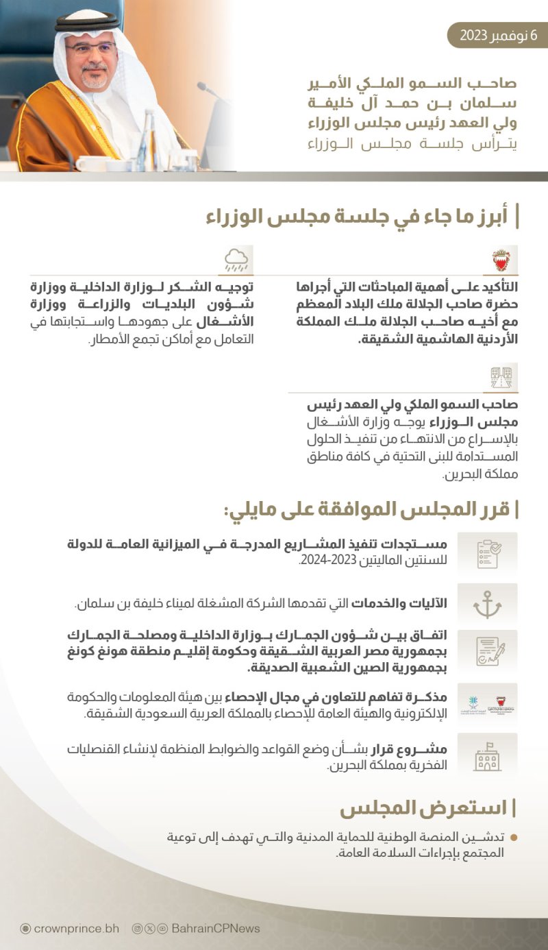 سمو ولي العهد رئيس الوزراء يوجّه “الأشغال”: الإسراع في الانتهاء من تنفيذ الحلول المستدامة للبنى التحتية