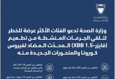 وزارة الصحة تدعو الفئات الأكثر عرضة للإصابة للمبادرة بأخذ الجرعات المنشطة من التطعيم المطور (فايزر -XBB 1.5 )