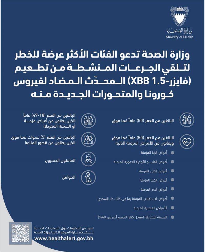 وزارة الصحة تدعو الفئات الأكثر عرضة للإصابة للمبادرة بأخذ الجرعات المنشطة من التطعيم المطور (فايزر -XBB 1.5 )