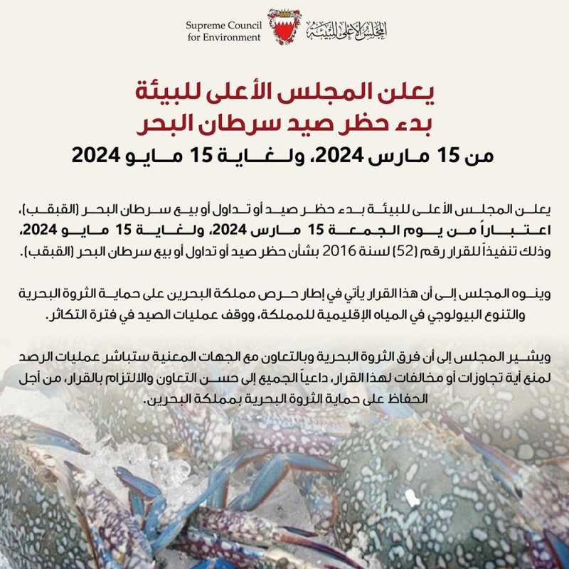 "الأعلى للبيئة" يعلن عن بدء حظر صيد أو تداول أو بيع سرطان البحر "القبقب"