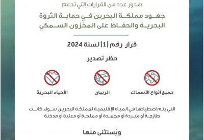 منع تصدير جميع أنواع الأسماك والربيان التي يتم اصطيادها في المياه الإقليمية لمملكة البحرين