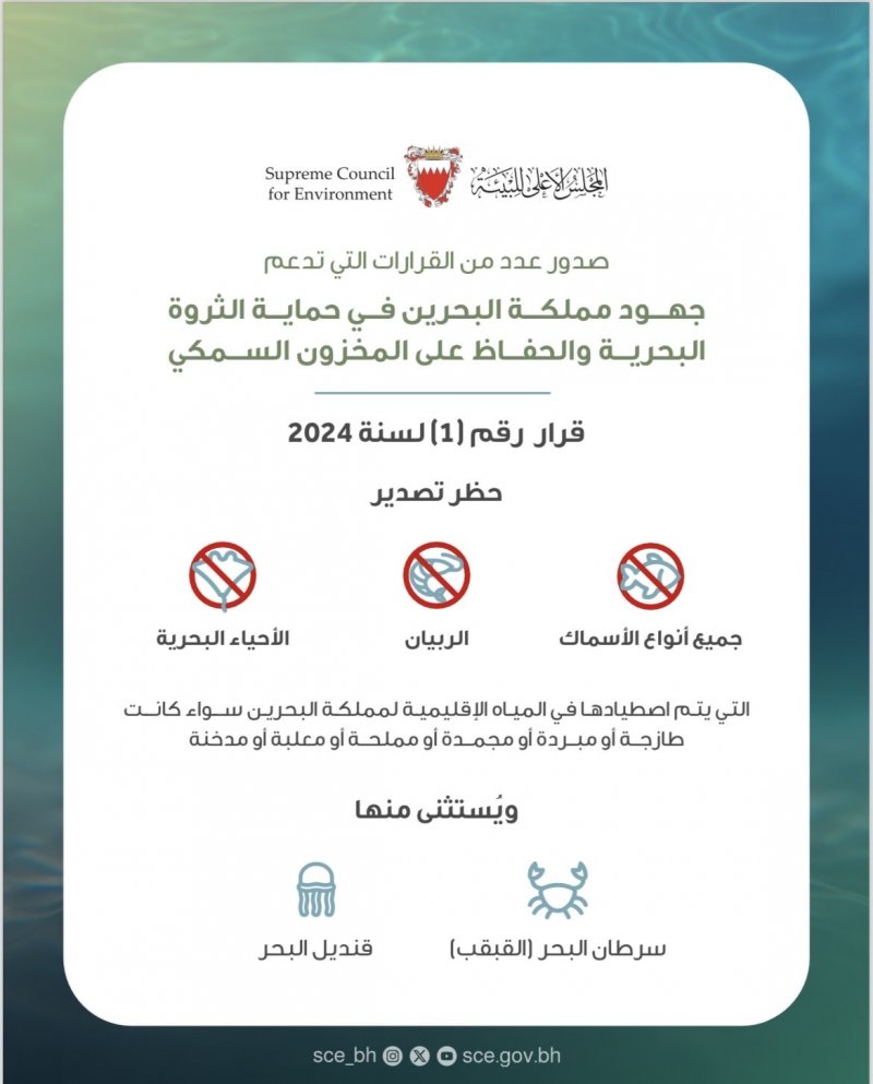 منع تصدير جميع أنواع الأسماك والربيان التي يتم اصطيادها في المياه الإقليمية لمملكة البحرين
