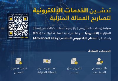هيئة تنظيم سوق العمل تعلن عن تدشين الخدمات الإلكترونية لتصاريح العمالة المنزلية