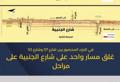 "المرور": غلق مسار واحد على شارع الجنبية اعتباراً من تاريخ 25 وحتى 28 يوليو الجاري