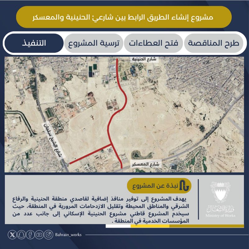 "الأشغال": بدء تنفيذ أعمال مشروع إنشاء الطريق الرابط بين شارعي الحنينية والمعسكر