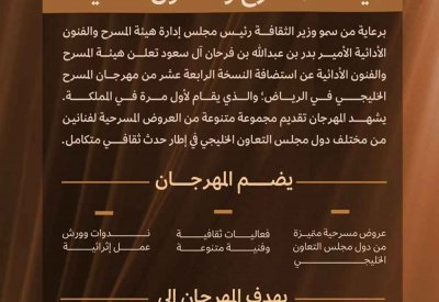 هيئة المسرح والفنون الأدائية تُعلن عن موعد إقامة المؤتمر الصحفي الخاص بالكشف عن تفاصيل مهرجان المسرح الخليجي